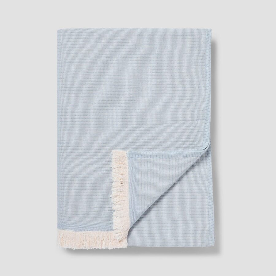 Dusk Blue Textured Cotton Throw Blanket - Fringed Edge