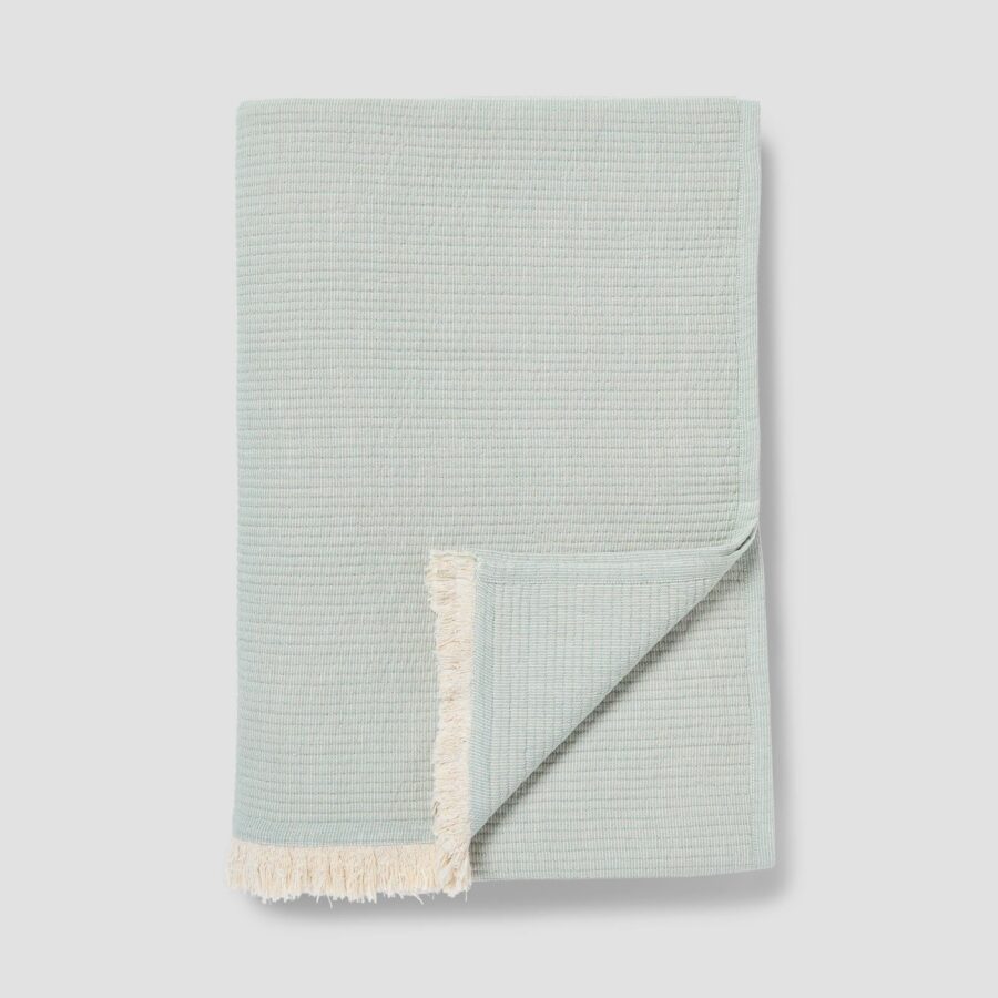 Elm Green Textured Cotton Throw Blanket - Fringed Edge