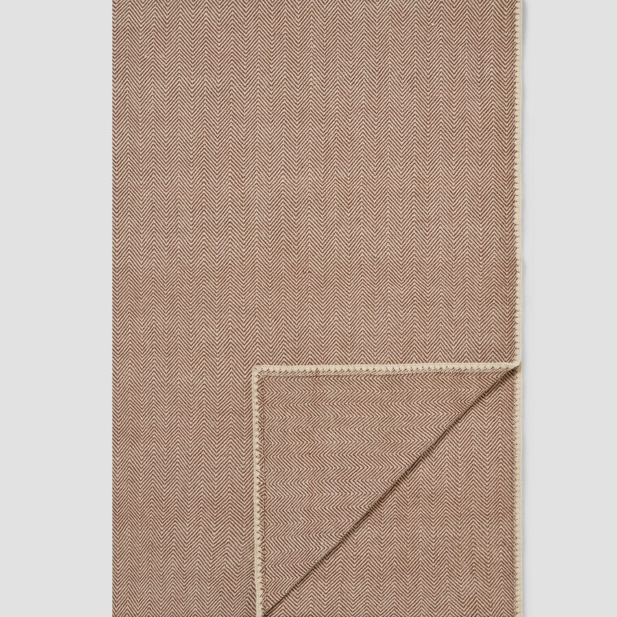 Mocha Herringbone Wool Blanket - Cream Zigzag Weave