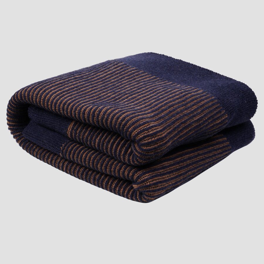 Navy & Caramel Striped Knit Throw Blanket