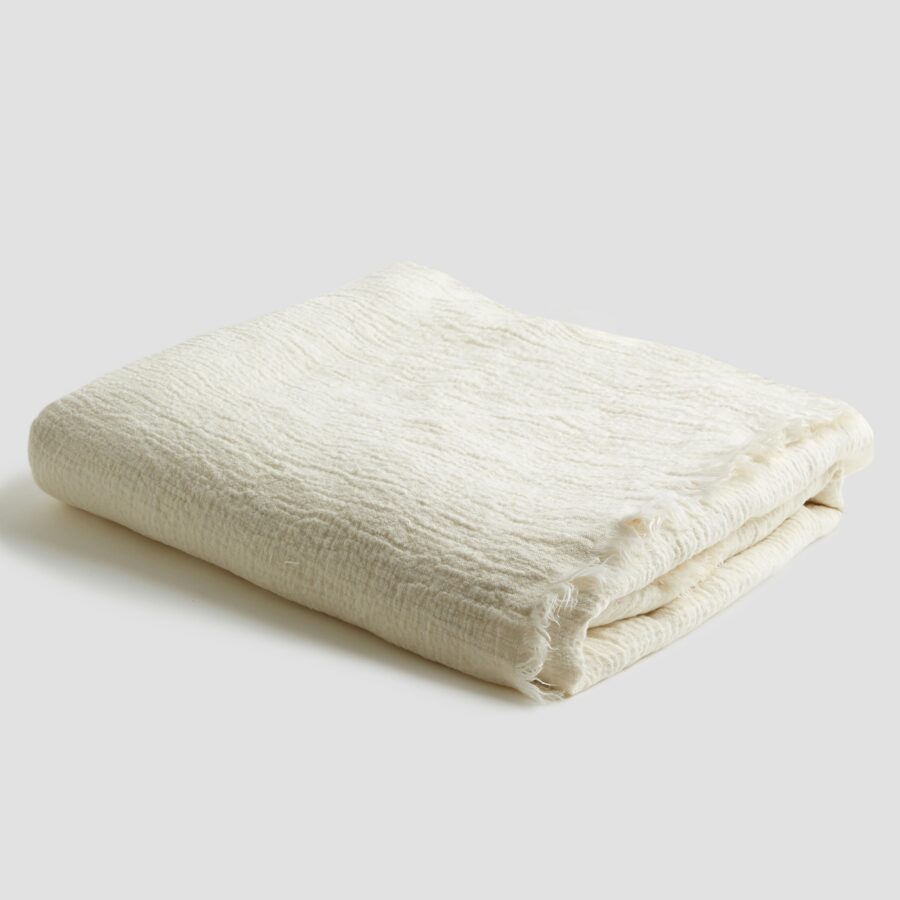 Cream Stonewashed Linen Crinkle Throw Blanket